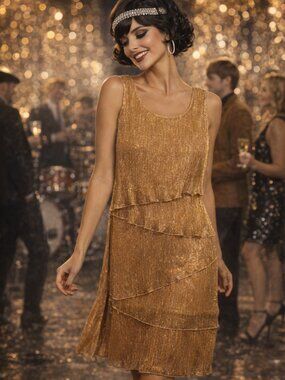 Enfocus Studio Shift Dress Sz 6 Gold Shimmery Tier fully lined Party Vacay